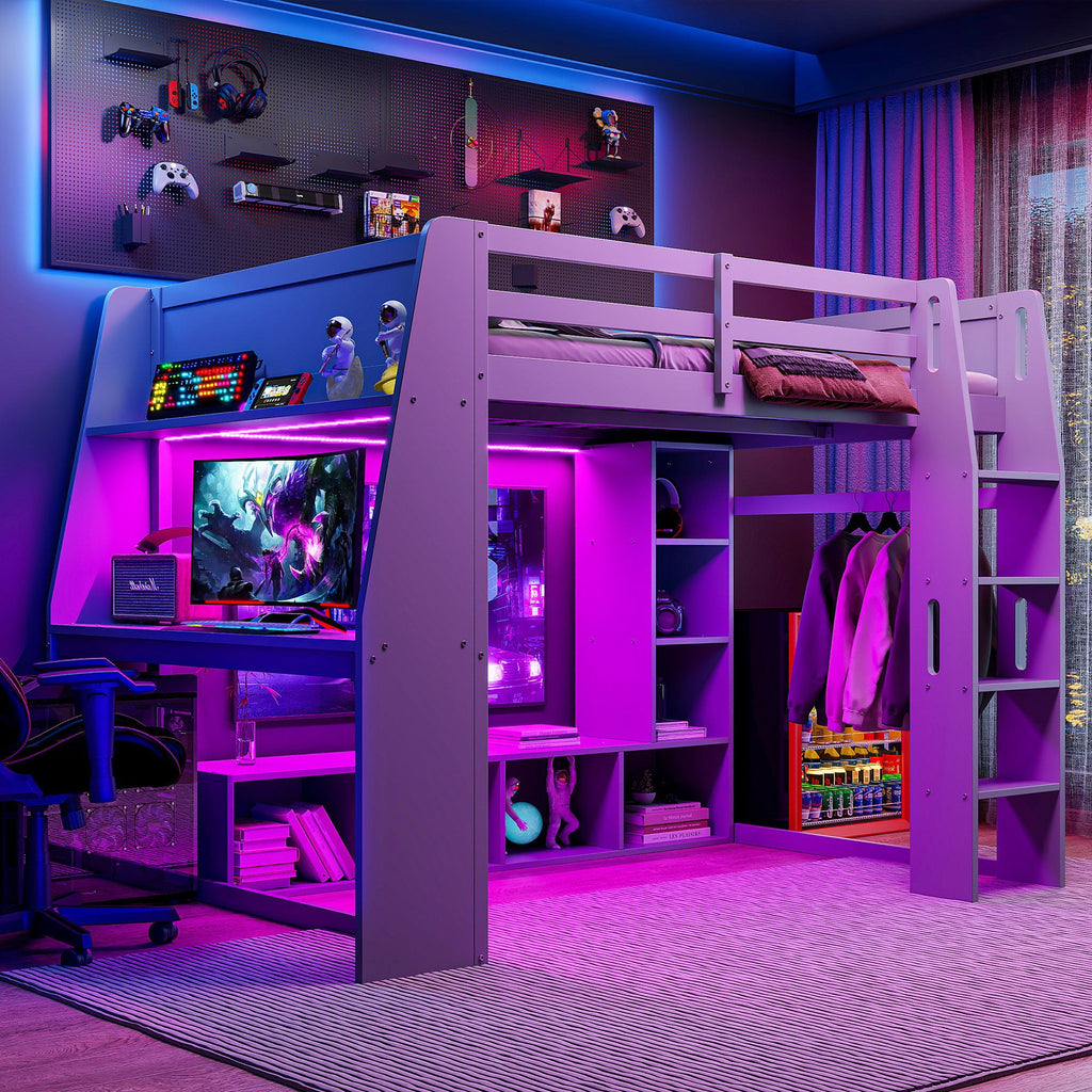 Gaming Loft Bed with Desk and Storage Shelves – LED Lighting – Black or Dark Gray