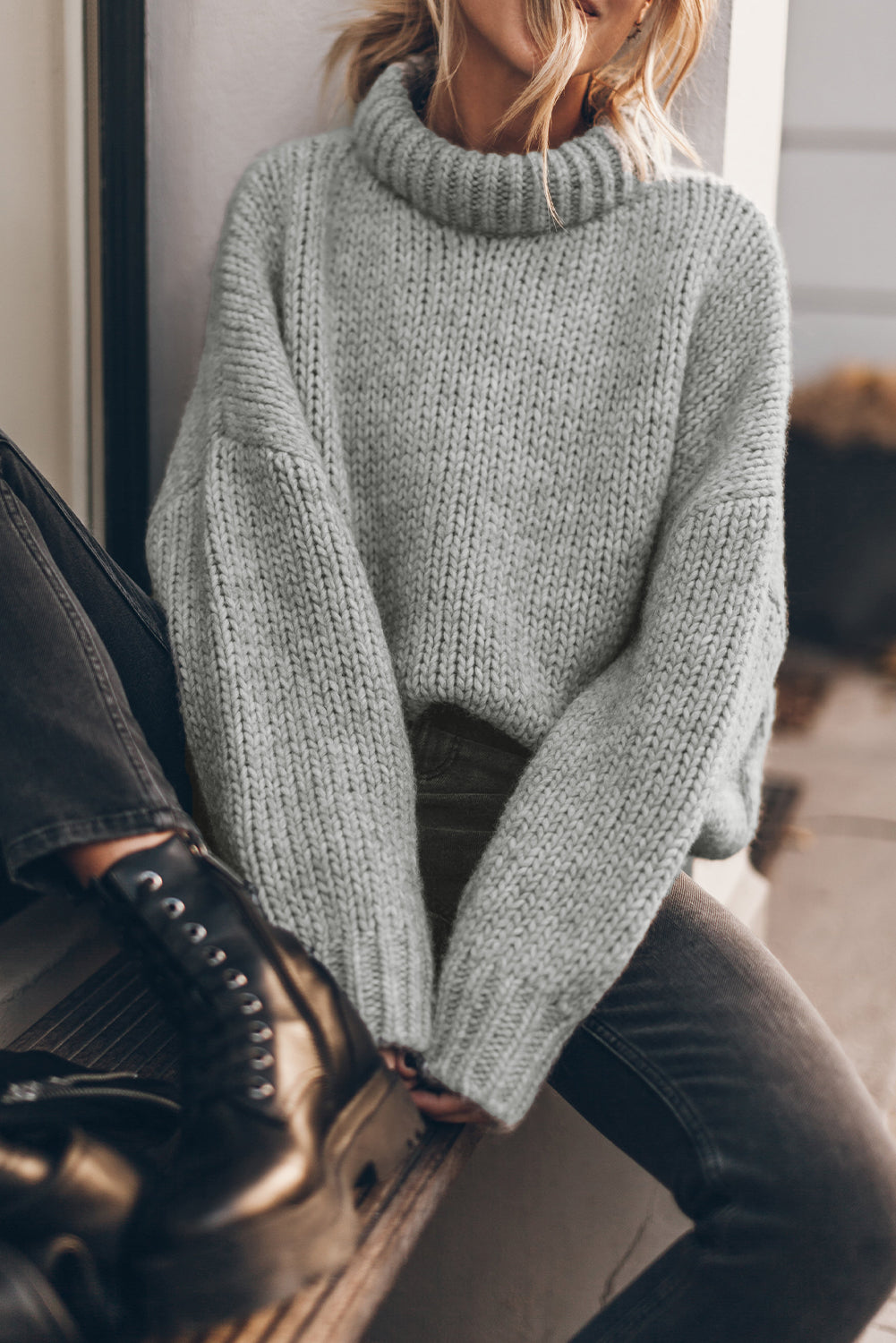 Chunky Drop-Shoulder Turtleneck Sweater