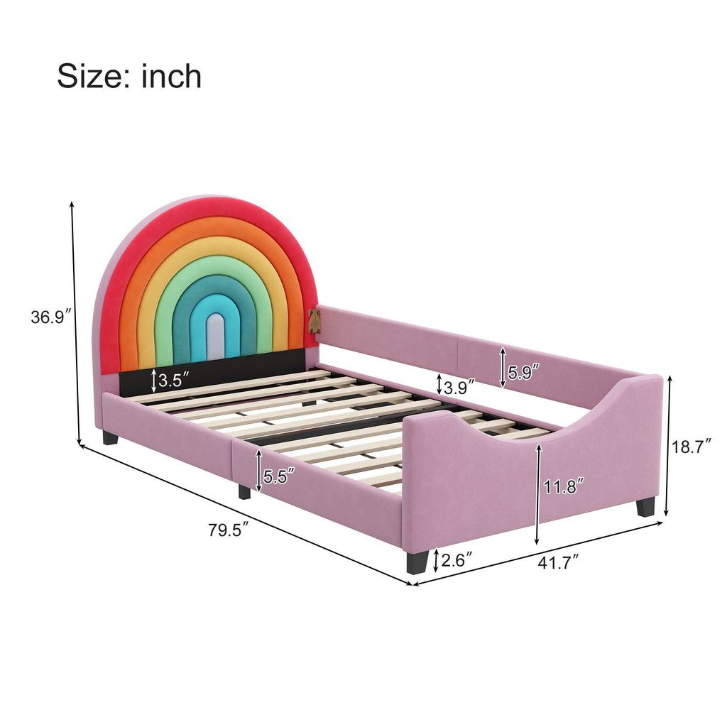Rainbow Upholstered Twin Daybed with Safety Fence - Colorful / Pink