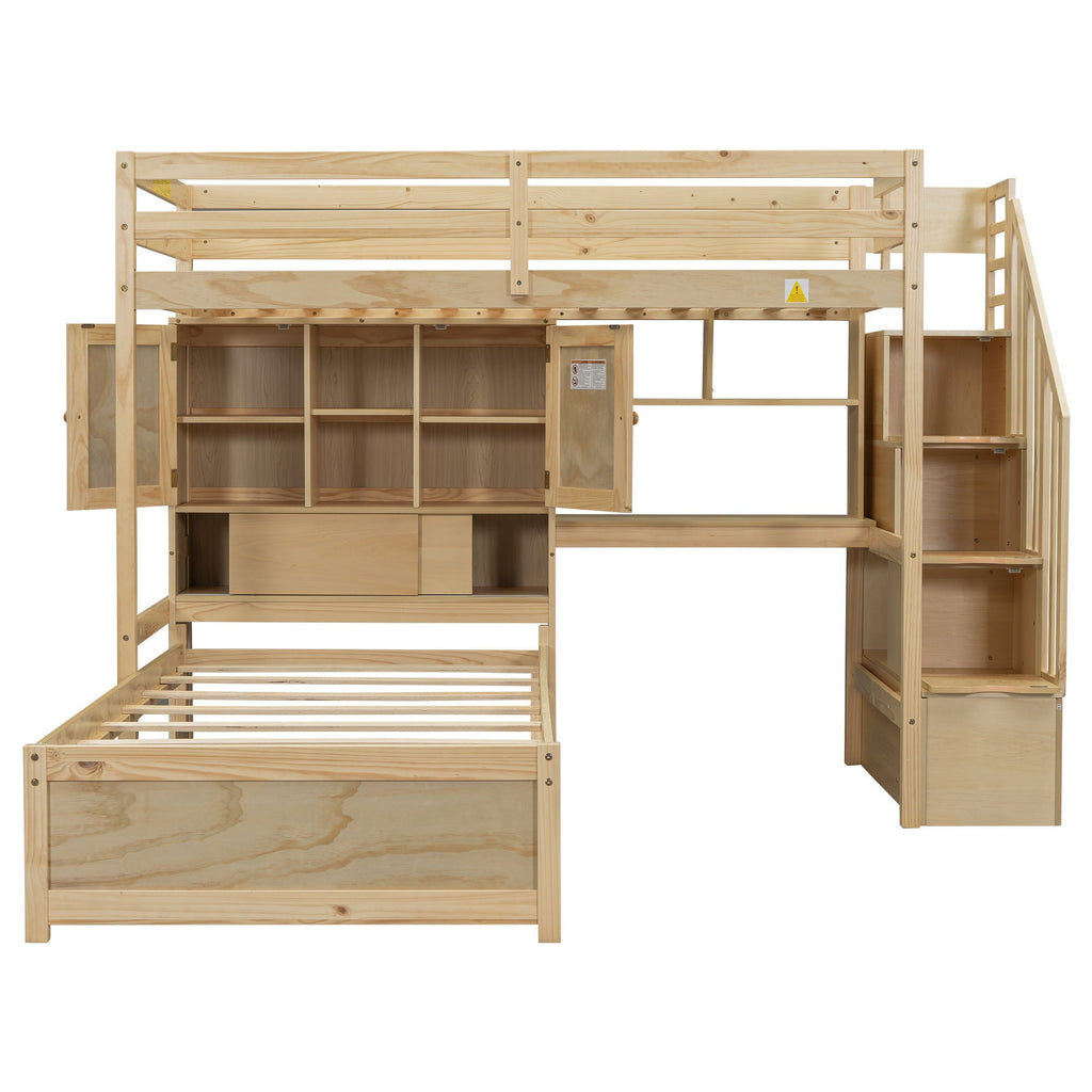 Twin Over Twin Loft Bed with Built-In Desk and Staircase - White or Light Brown