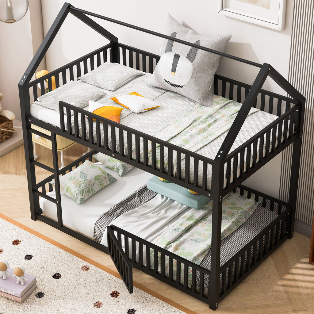 Metal House Bunk Bed with Fence and Door - Twin over Twin