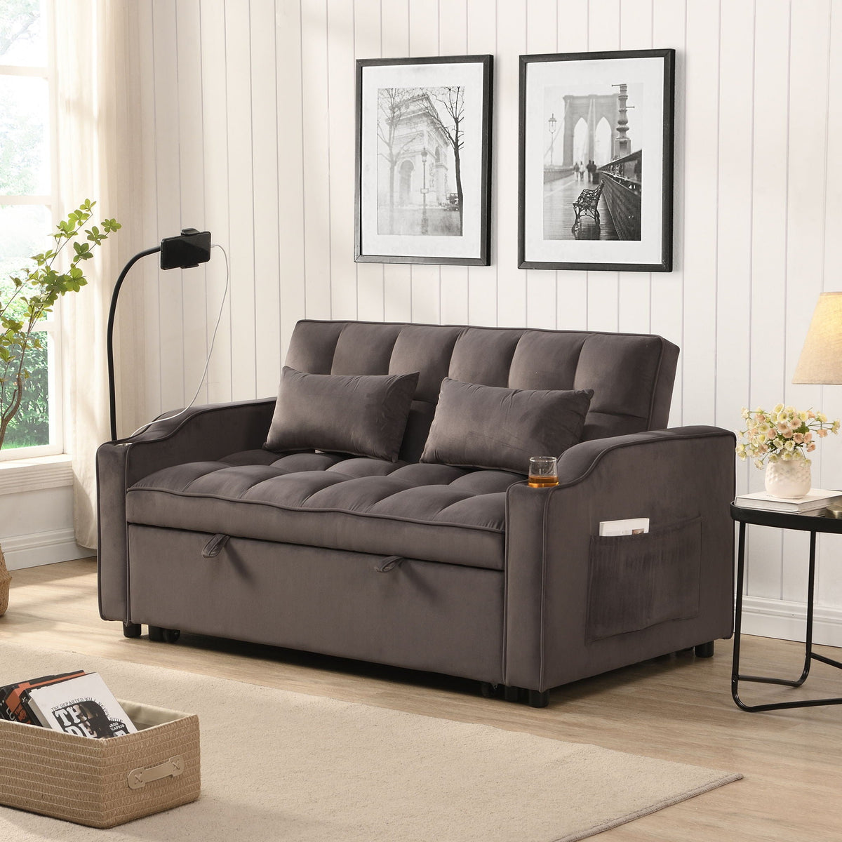 Modern Loveseat Futon Sofa with Pullout Bed and Adjustable Backrest - Multiple Colors