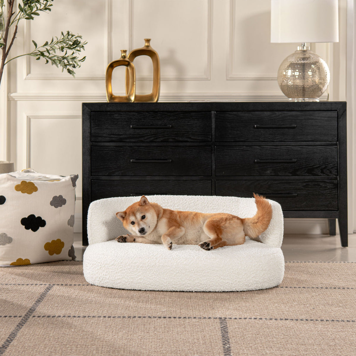 Ivory White Curved Dog Sofa Bed with Boucle Upholstery - Medium