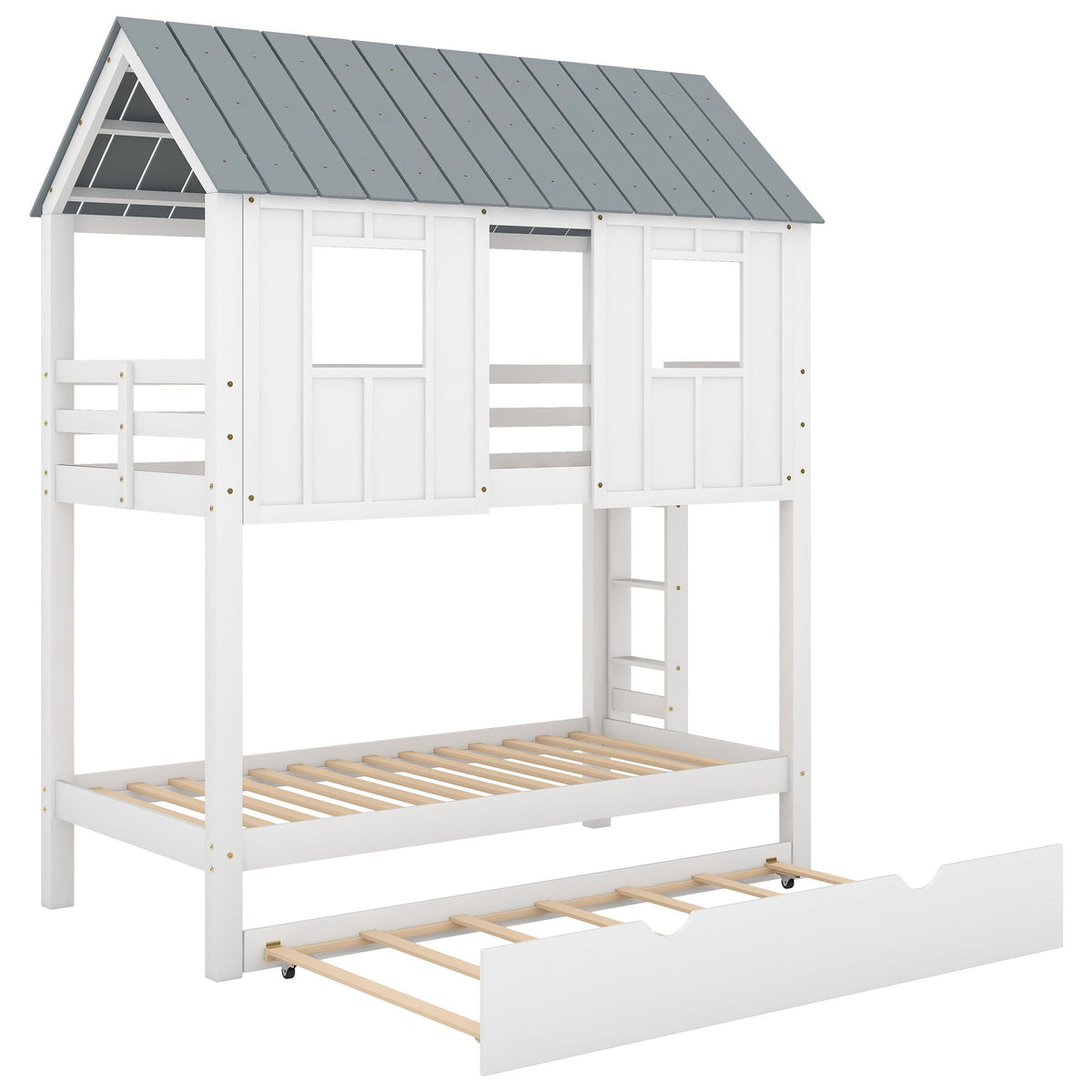 Twin Size House Bunk Bed with Trundle and Roof and Windows - White / Gray