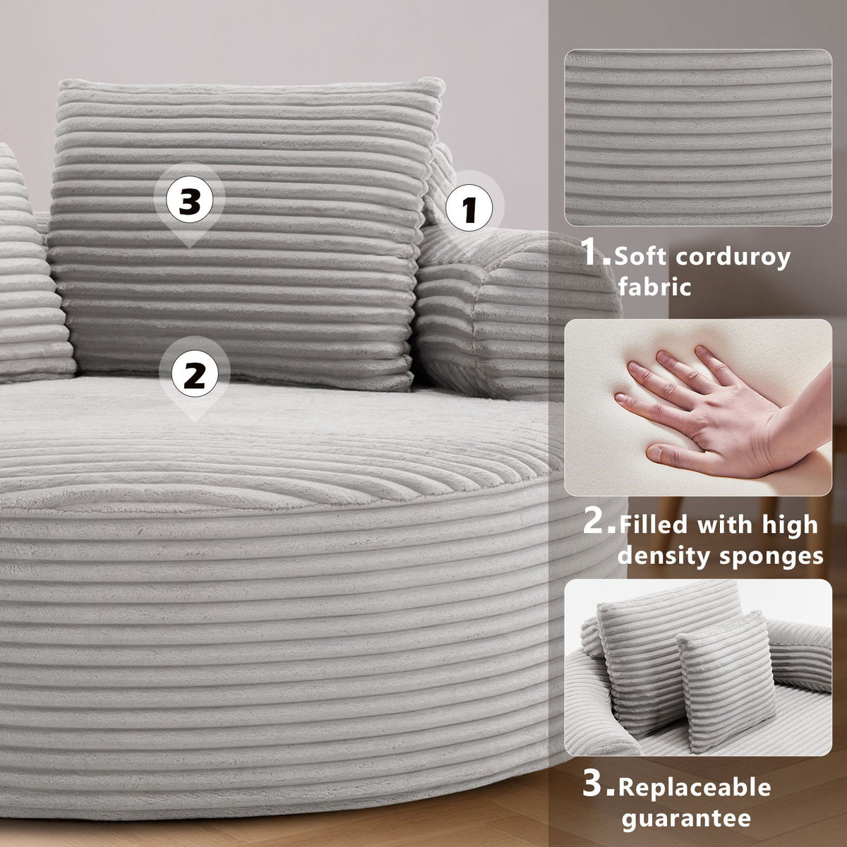 Round Sofa Bed with Memory Foam and 3 Pillows - Multiple Colors
