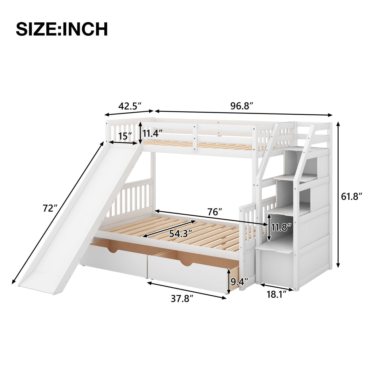 Bunk Bed with Storage Staircase, Slide & Desk - Twin or Full - Dark Gray or White