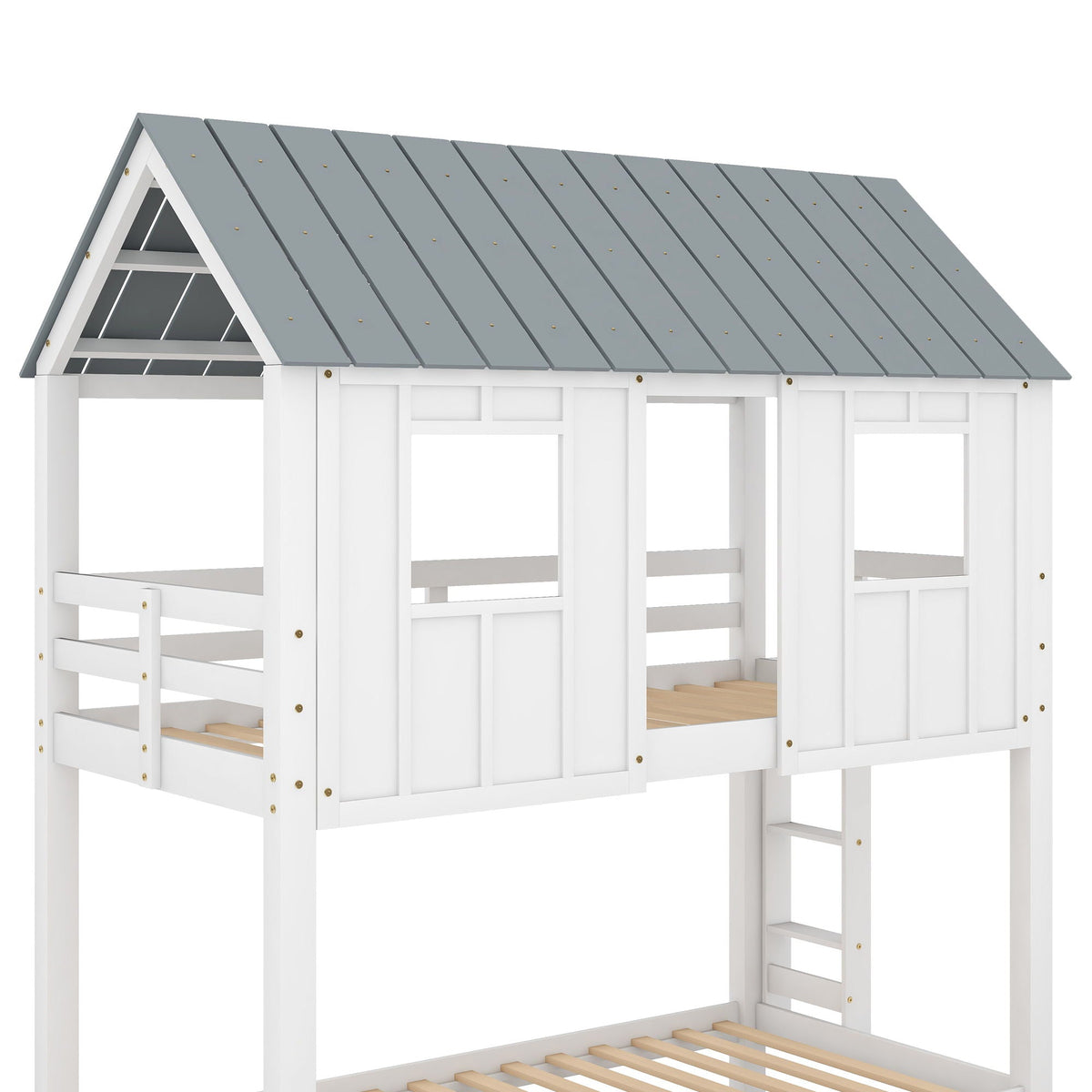 Twin Size House Bunk Bed with Trundle and Roof and Windows - White / Gray