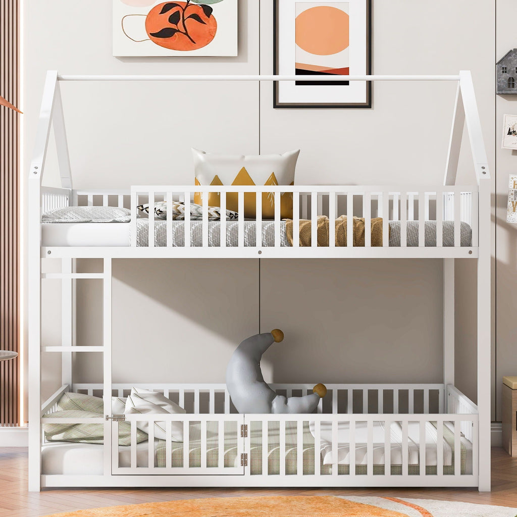 Metal House Bunk Bed with Fence and Door - Twin over Twin