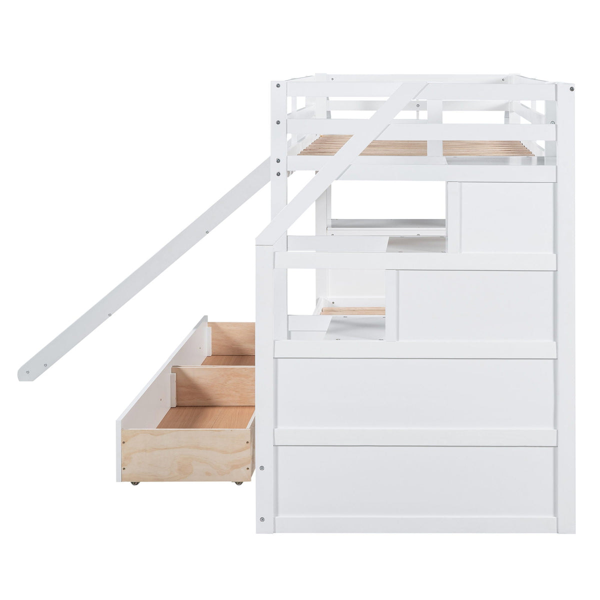 Bunk Bed with Storage Staircase, Slide & Desk - Twin or Full - Dark Gray or White