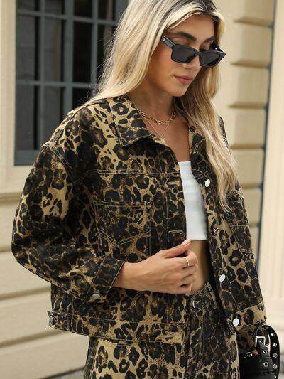 Pocketed Leopard Long Sleeve Denim Jacket for Women