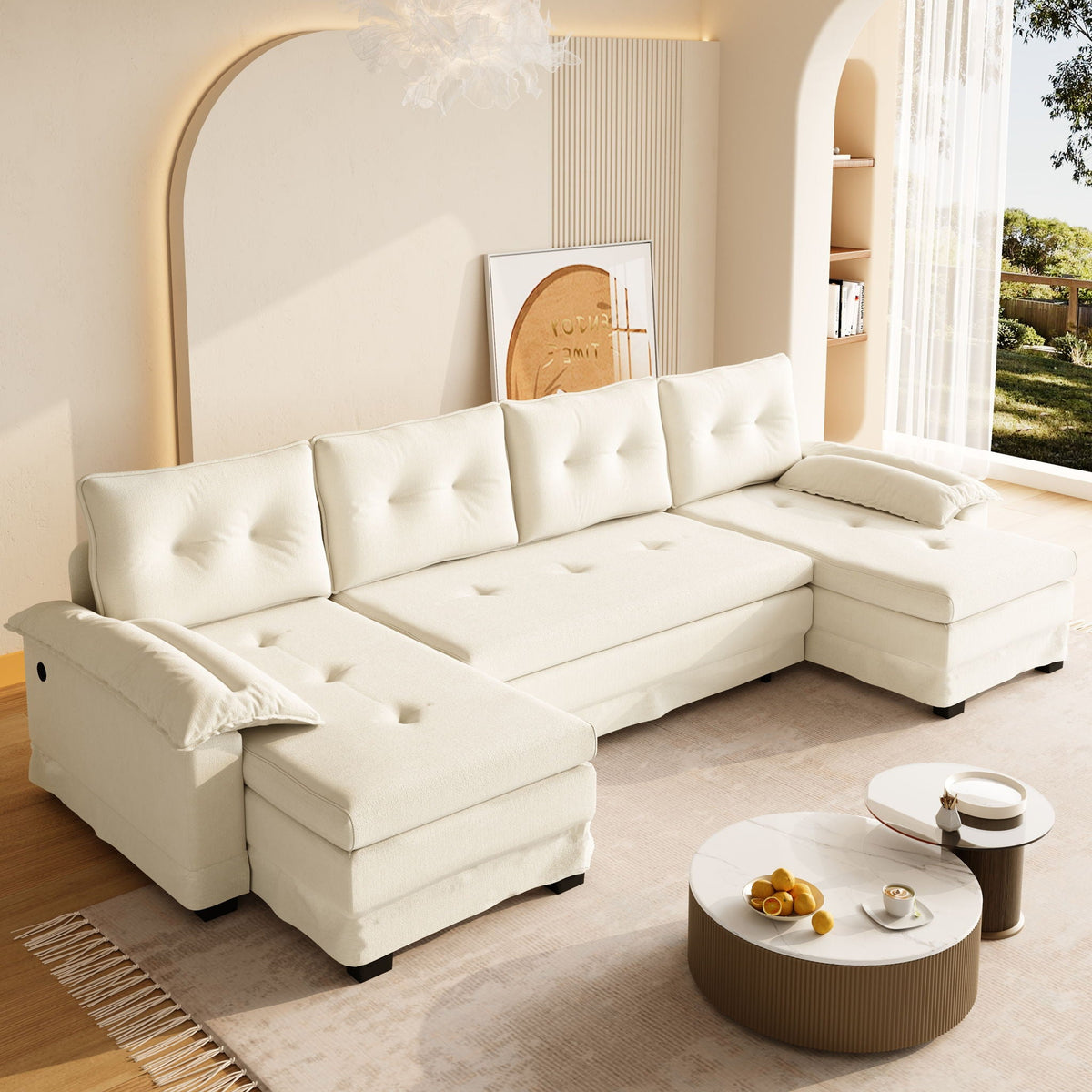 U-Shaped Sleeper Sectional with Pull Out Bed and USB Ports - Fabric