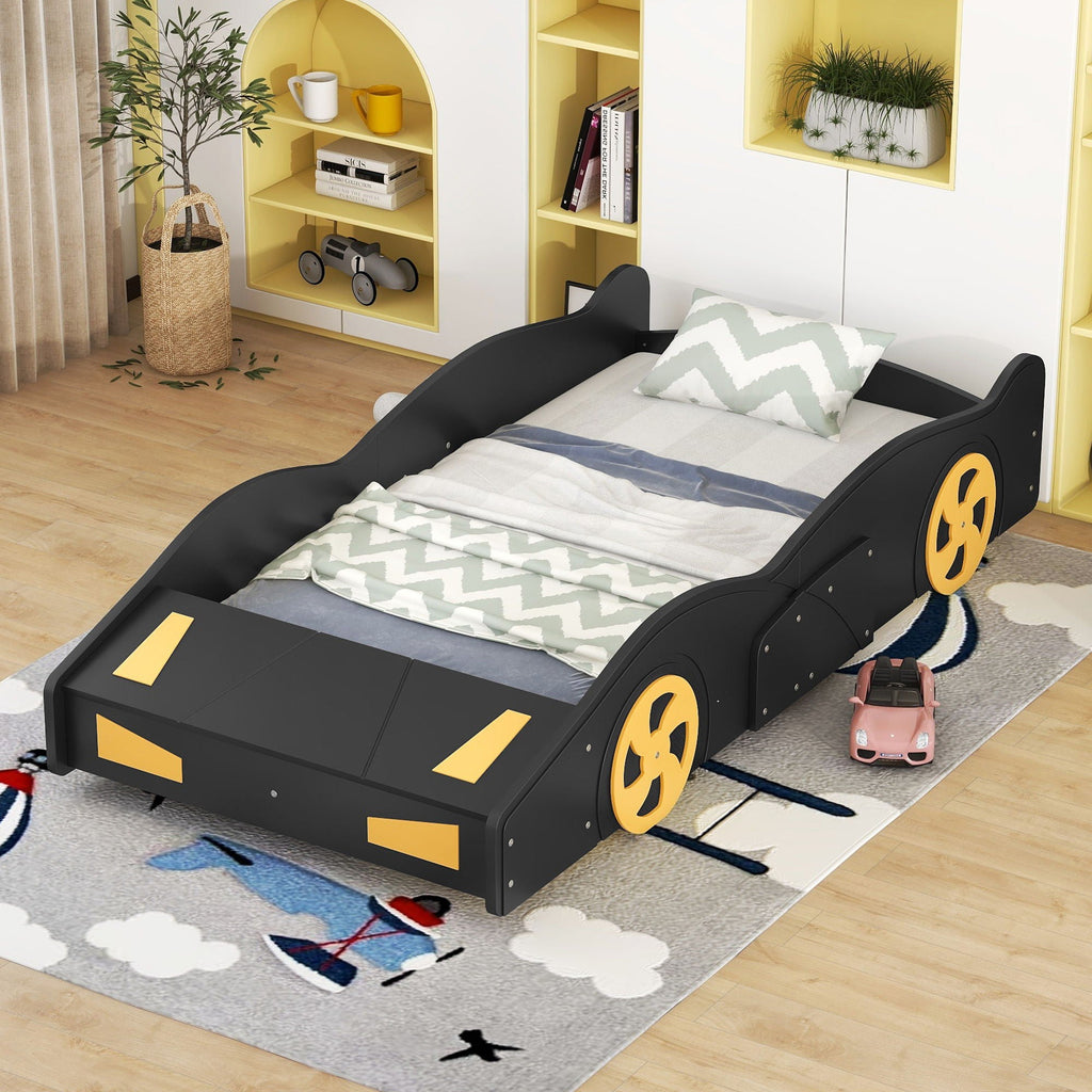 Race Car Platform Bed with Storage and Wheels - Black or Blue