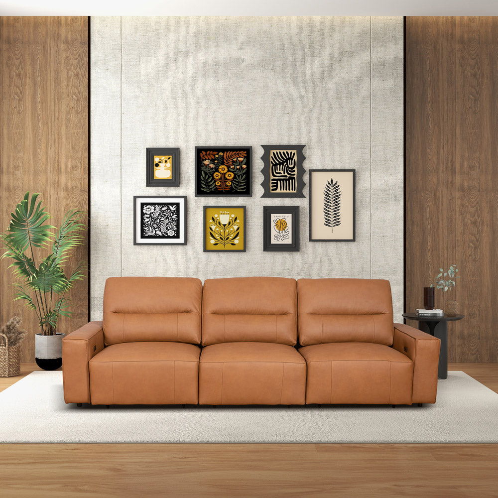 Triple Power Convertible Sofa Reclining Sectional with Queen Bed - Cognac