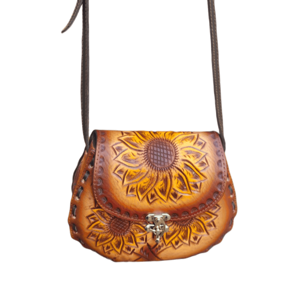 Cincelada Leather Crossbody | Hand Tooled Sunflower Purse