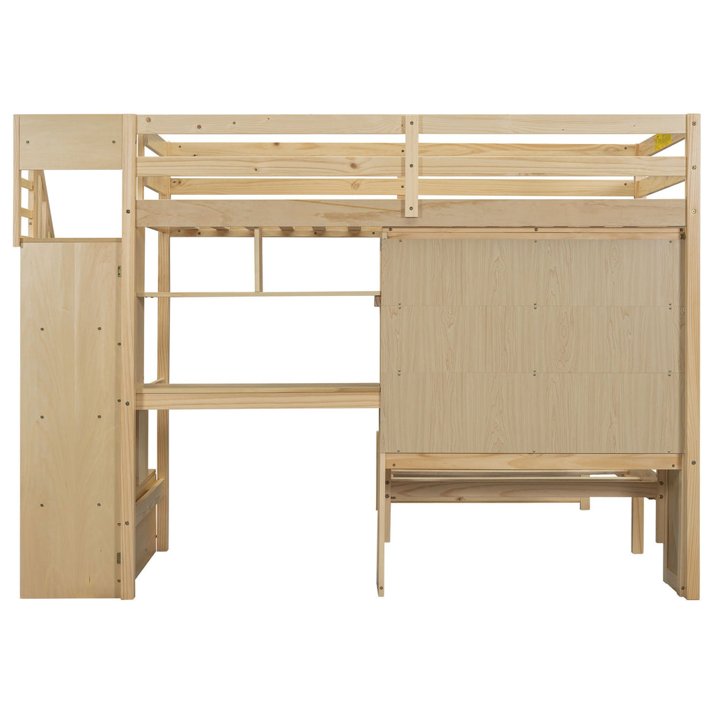 Twin Over Twin Loft Bed with Built-In Desk and Staircase - White or Light Brown