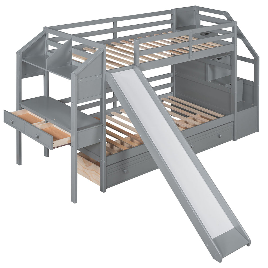 Bunk Bed with Storage Staircase, Slide & Desk - Twin or Full - Dark Gray or White