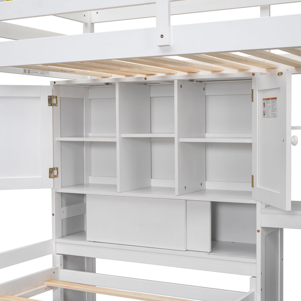 Twin Over Twin Loft Bed with Built-In Desk and Staircase - White or Light Brown