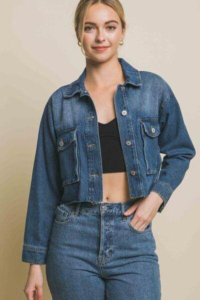 Love Tree Raw Hem Button Up Cropped Denim Jacket for Women