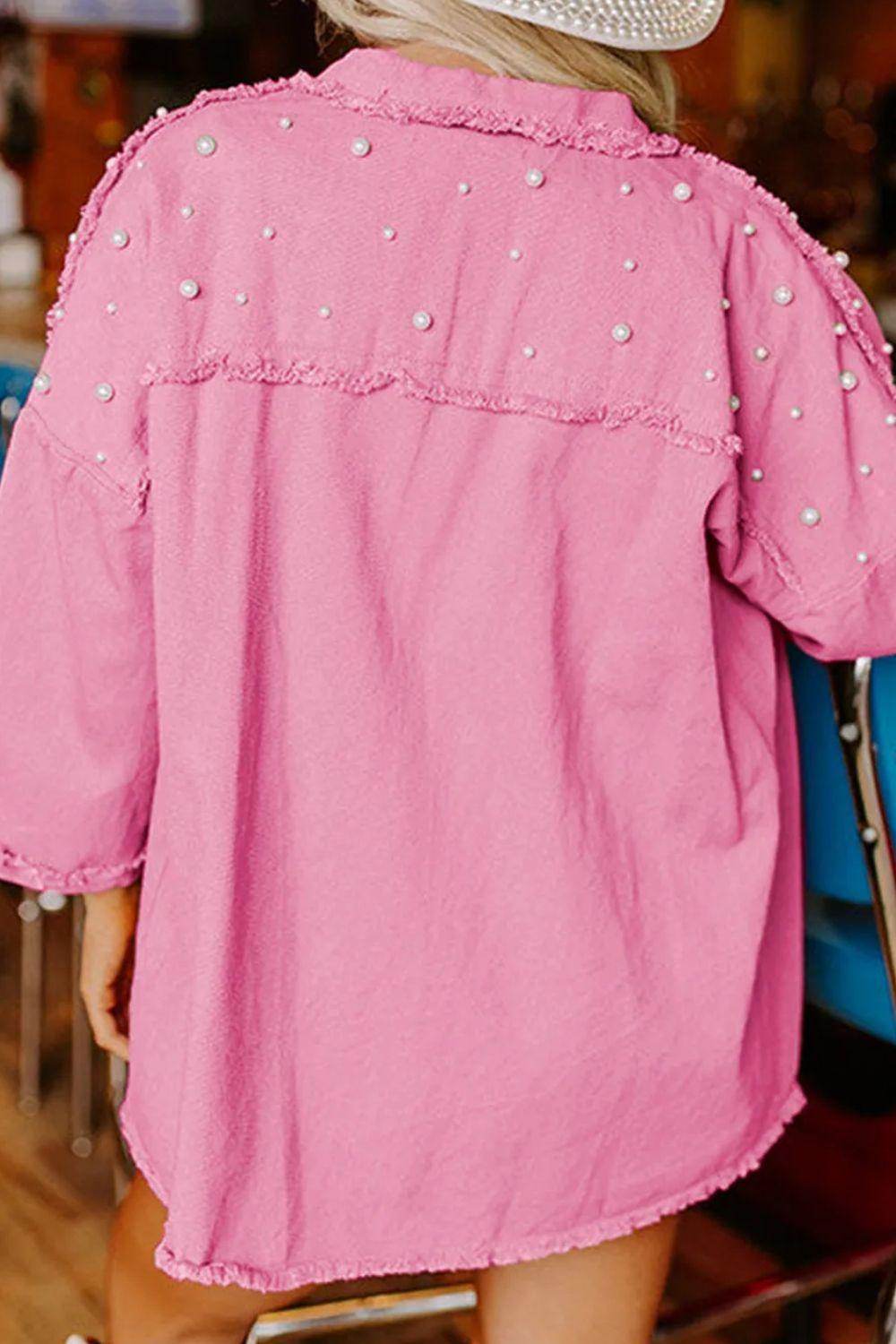 Raw Hem Pearl Trim Dropped Shoulder Denim Jacket for Women