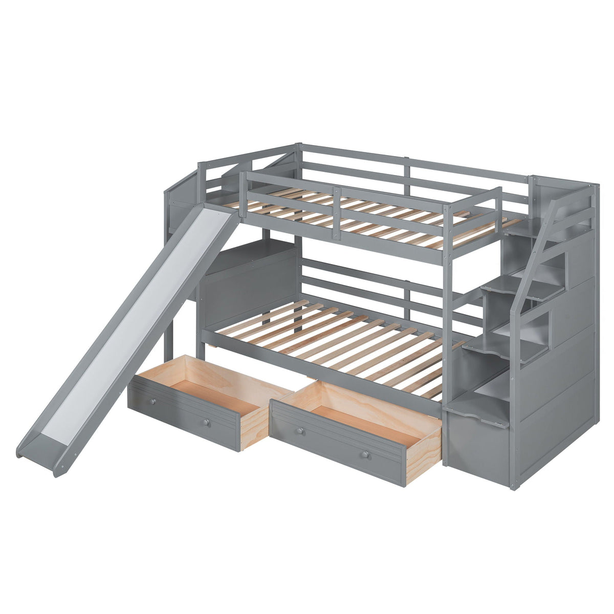 Bunk Bed with Storage Staircase, Slide & Desk - Twin or Full - Dark Gray or White