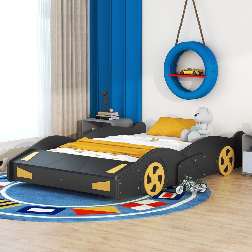 Race Car Platform Bed with Storage and Wheels - Black or Blue