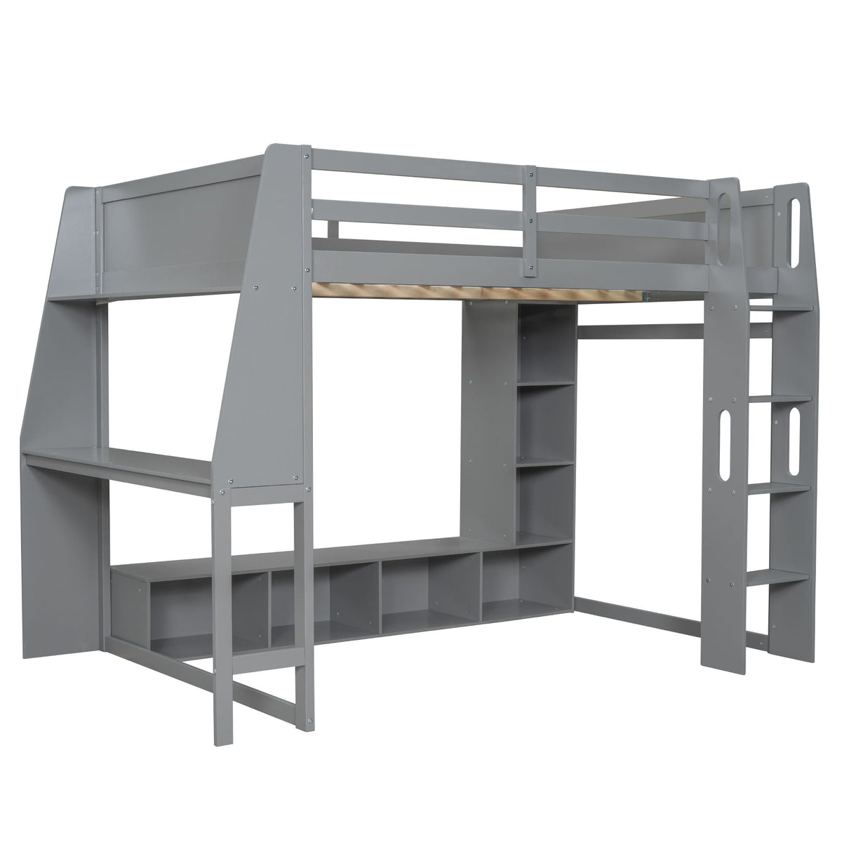 Gaming Loft Bed with Desk and Storage Shelves – LED Lighting – Black or Dark Gray