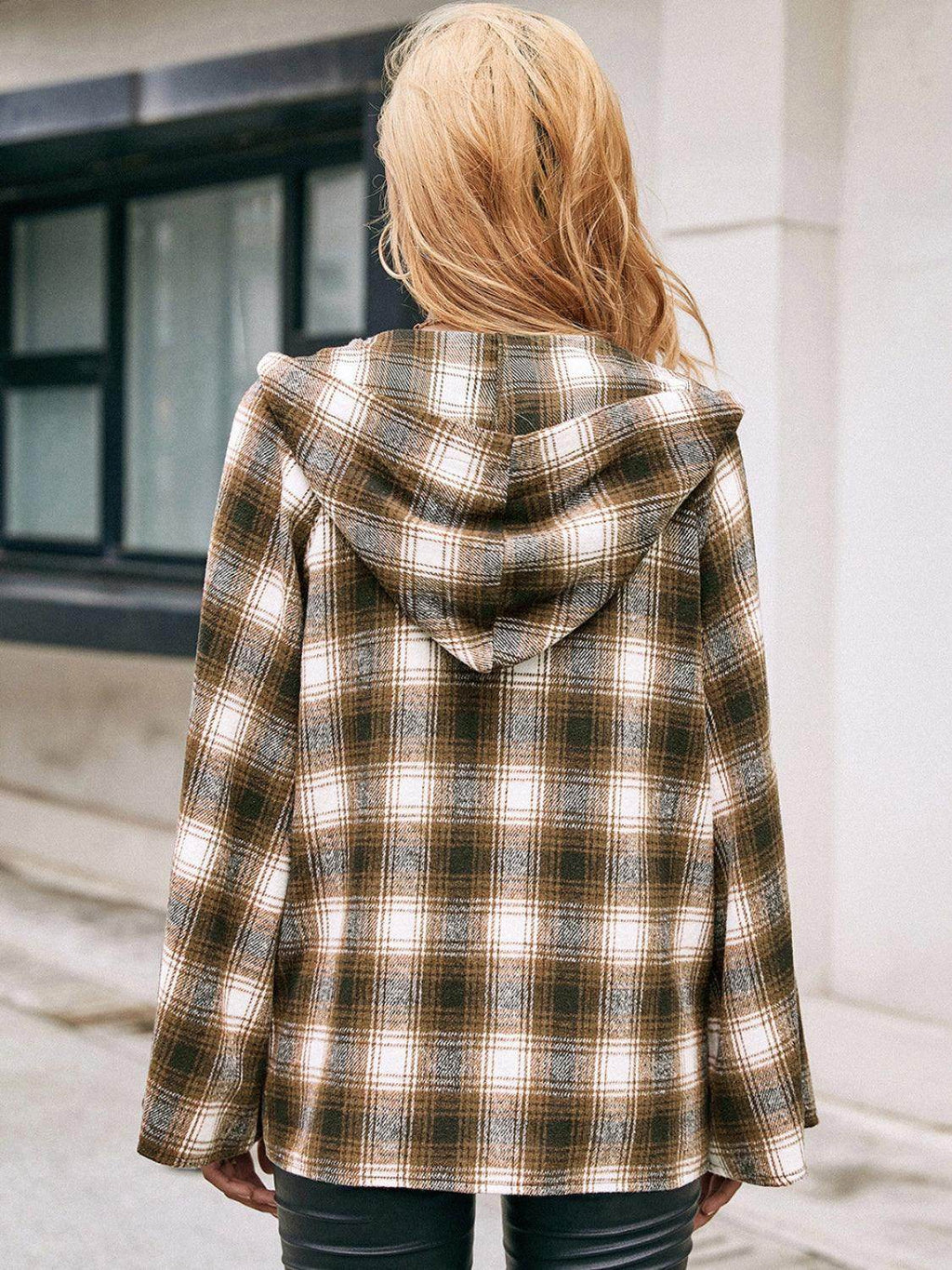 Ivy Lane Pocketed Plaid Long Sleeve Hooded Jacket for Women