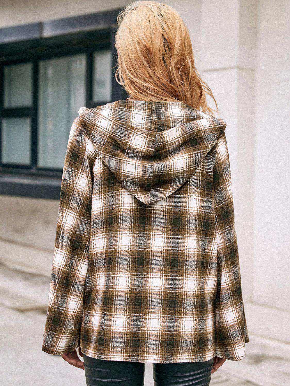 Ivy Lane Pocketed Plaid Long Sleeve Hooded Jacket for Women