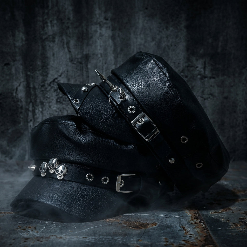 Skull-Rivet Faux-Leather Newsboy Cap