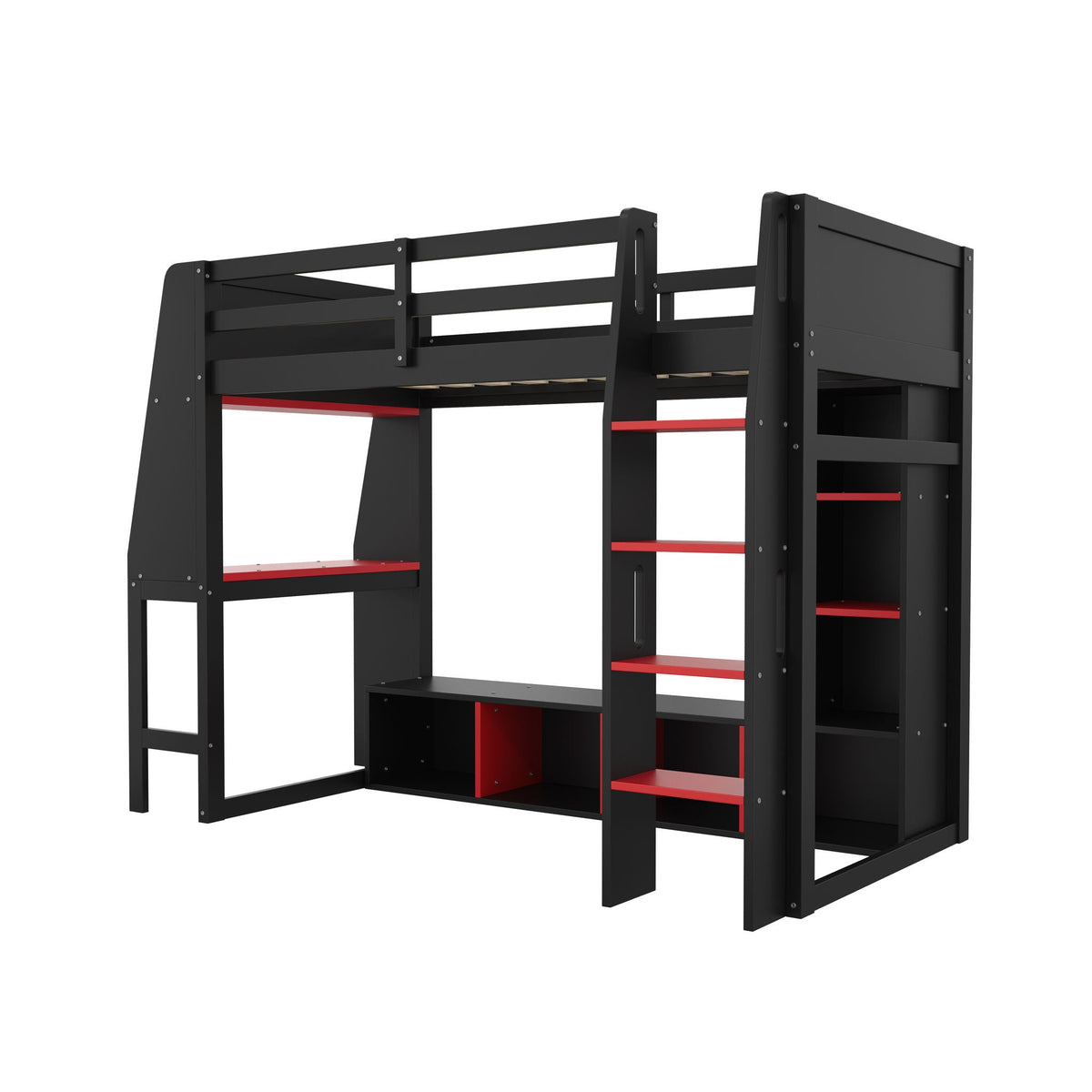 Gaming Loft Bed with Desk and Storage Shelves – LED Lighting – Black or Dark Gray