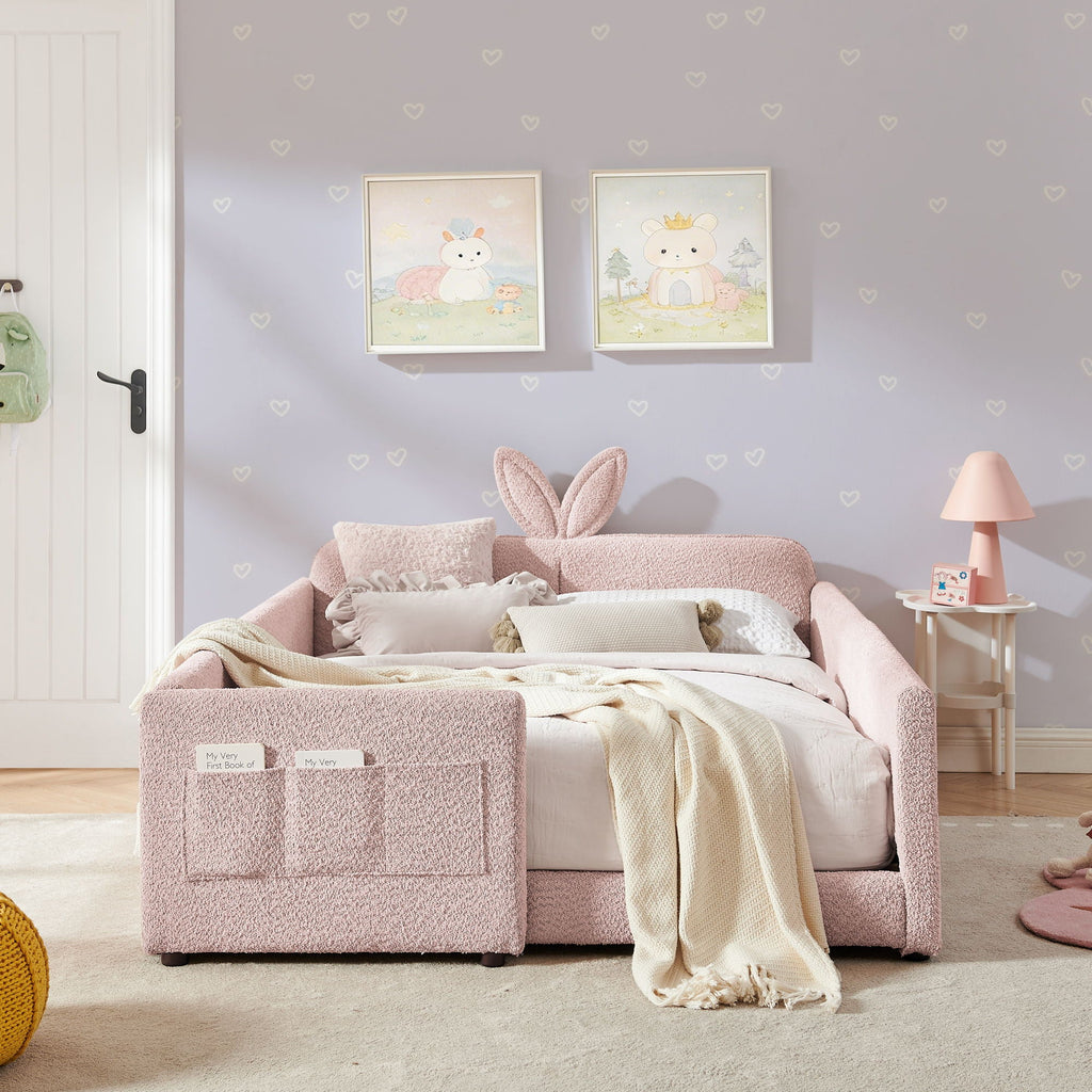 Cute Rabbit Ear Upholstered Platform Bed Frame with Safety Rail - Multiple Colors