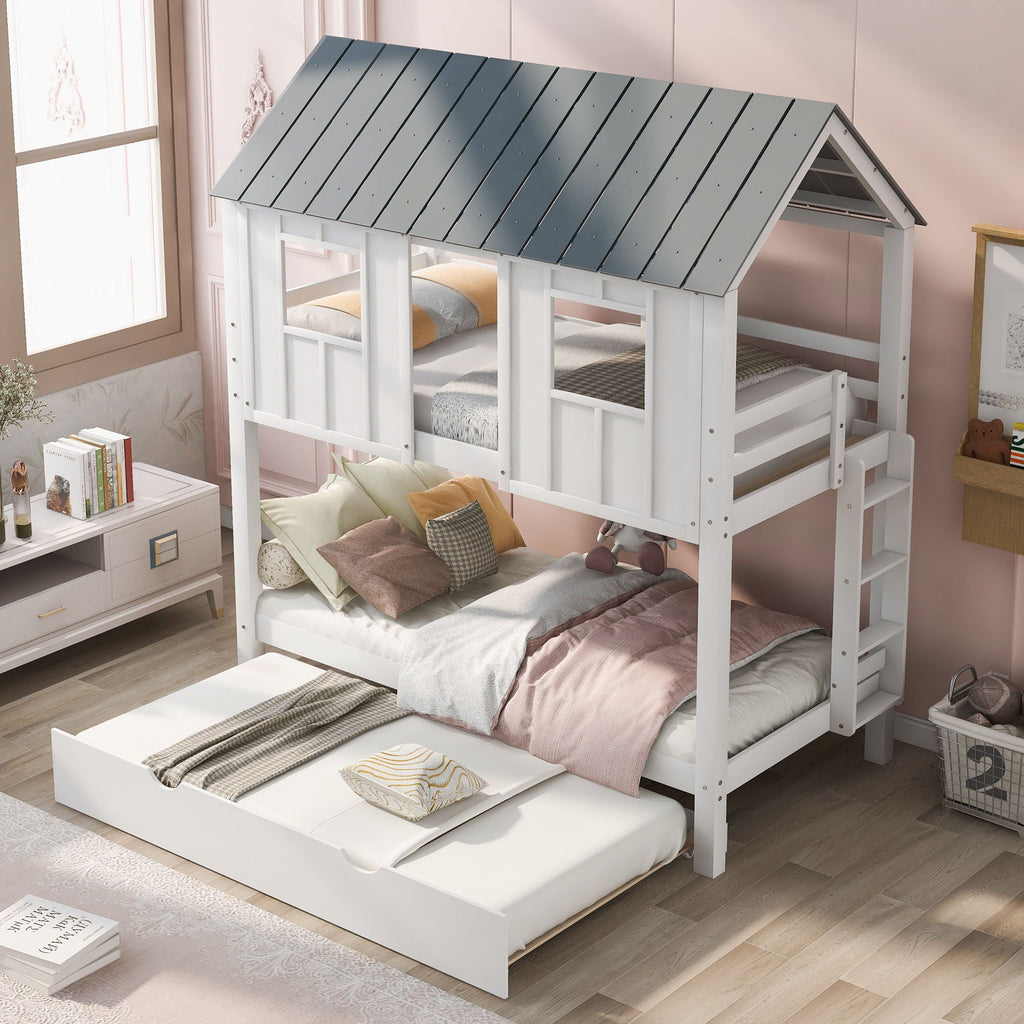 Twin Size House Bunk Bed with Trundle and Roof and Windows - White / Gray