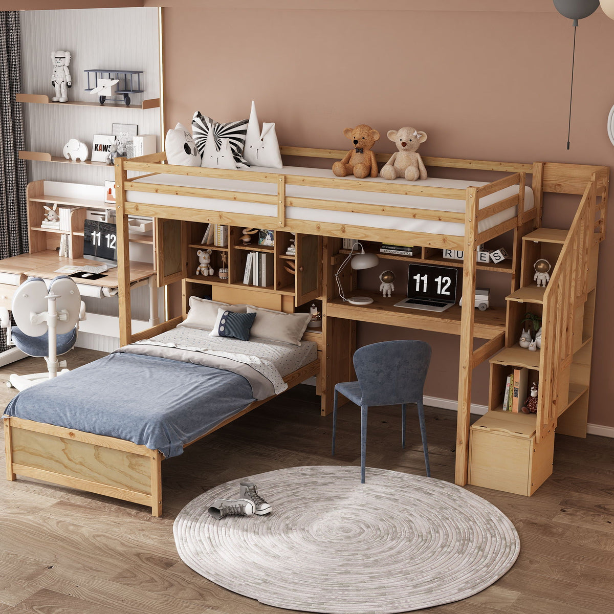Twin Over Twin Loft Bed with Built-In Desk and Staircase - White or Light Brown
