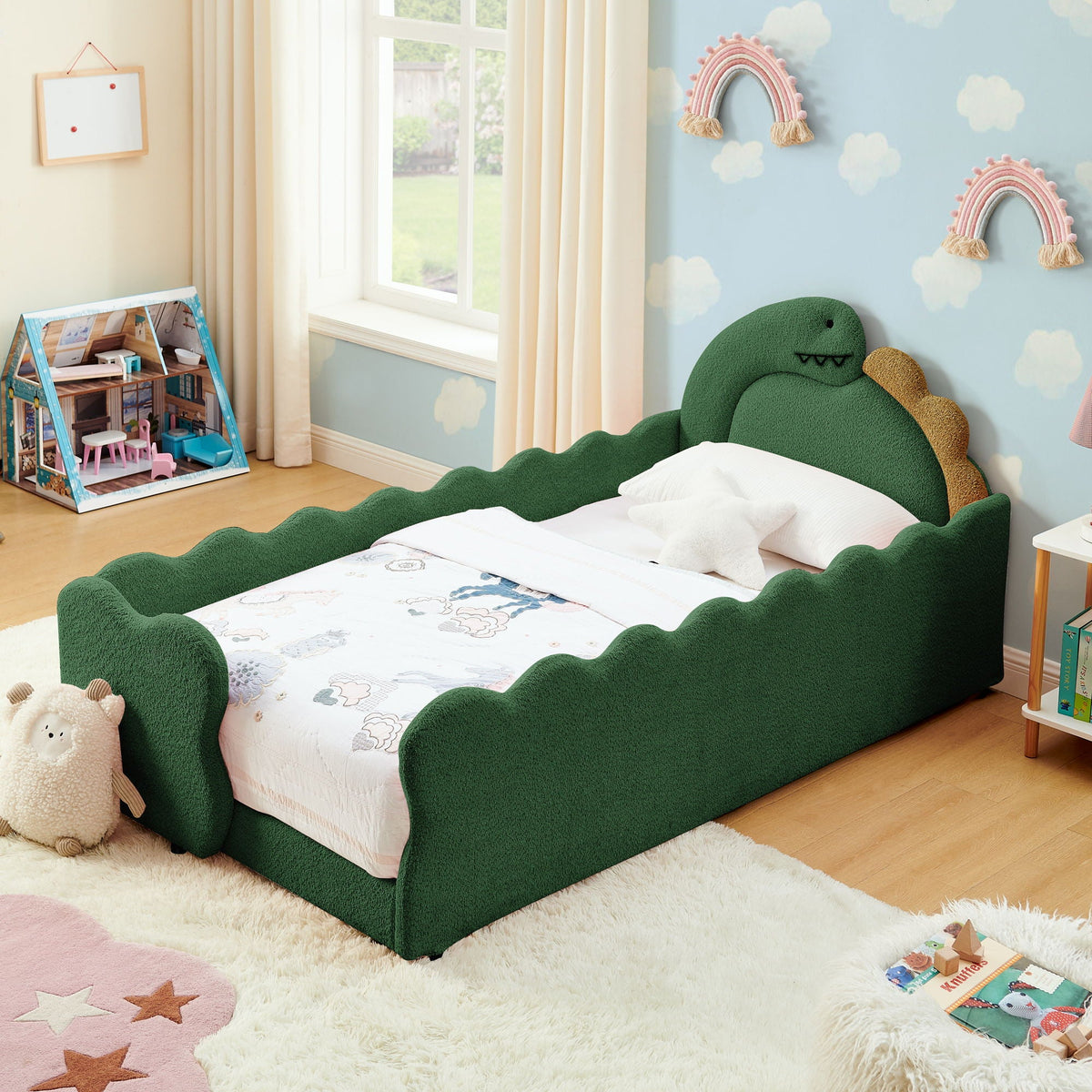 Dinosaur Shaped Toddler Bed with Safety Guardrail - Twin Upholstered Bed