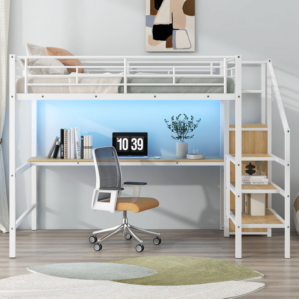 Full Size Loft Bed with Desk, Storage Staircase & Wardrobe - Black or White