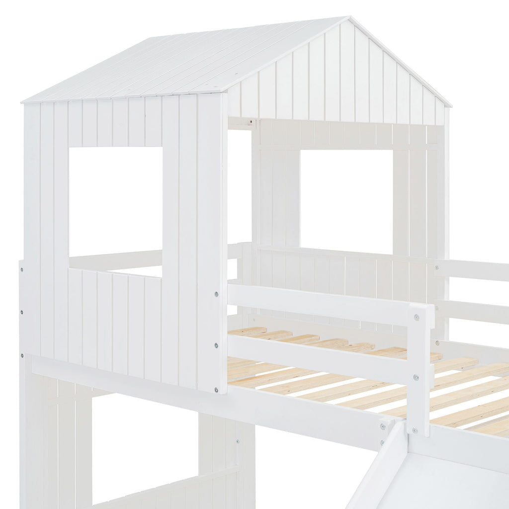 Loft Bunk Bed With Playhouse, Slide, and Guardrails - Twin Over Full