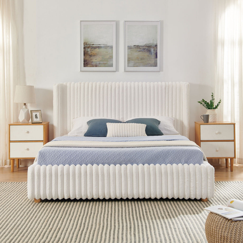 Functional Vertical Striped Bed with Gas Lift Storage - Beige