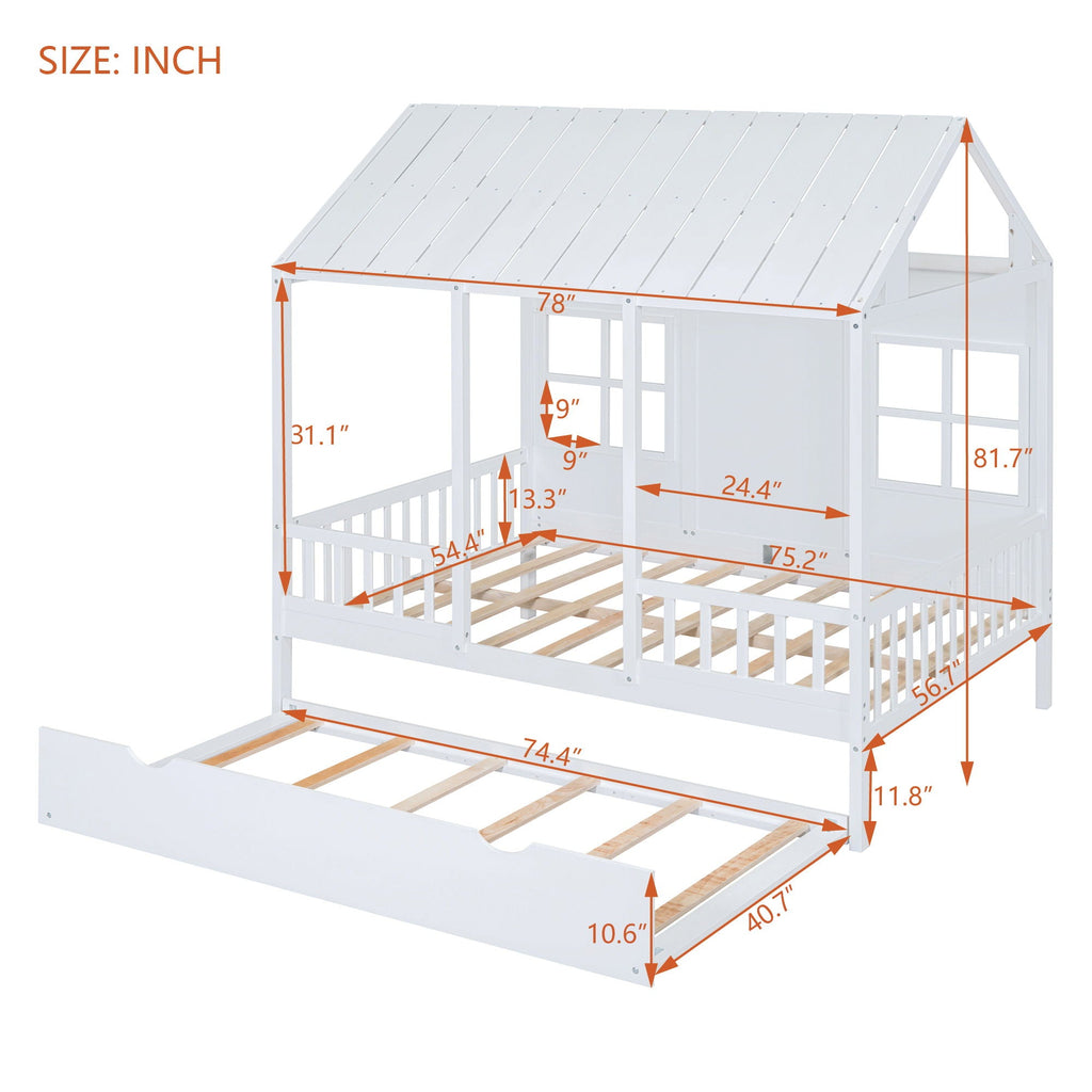 White House Bed with Trundle - Solid Pine, Full or Twin