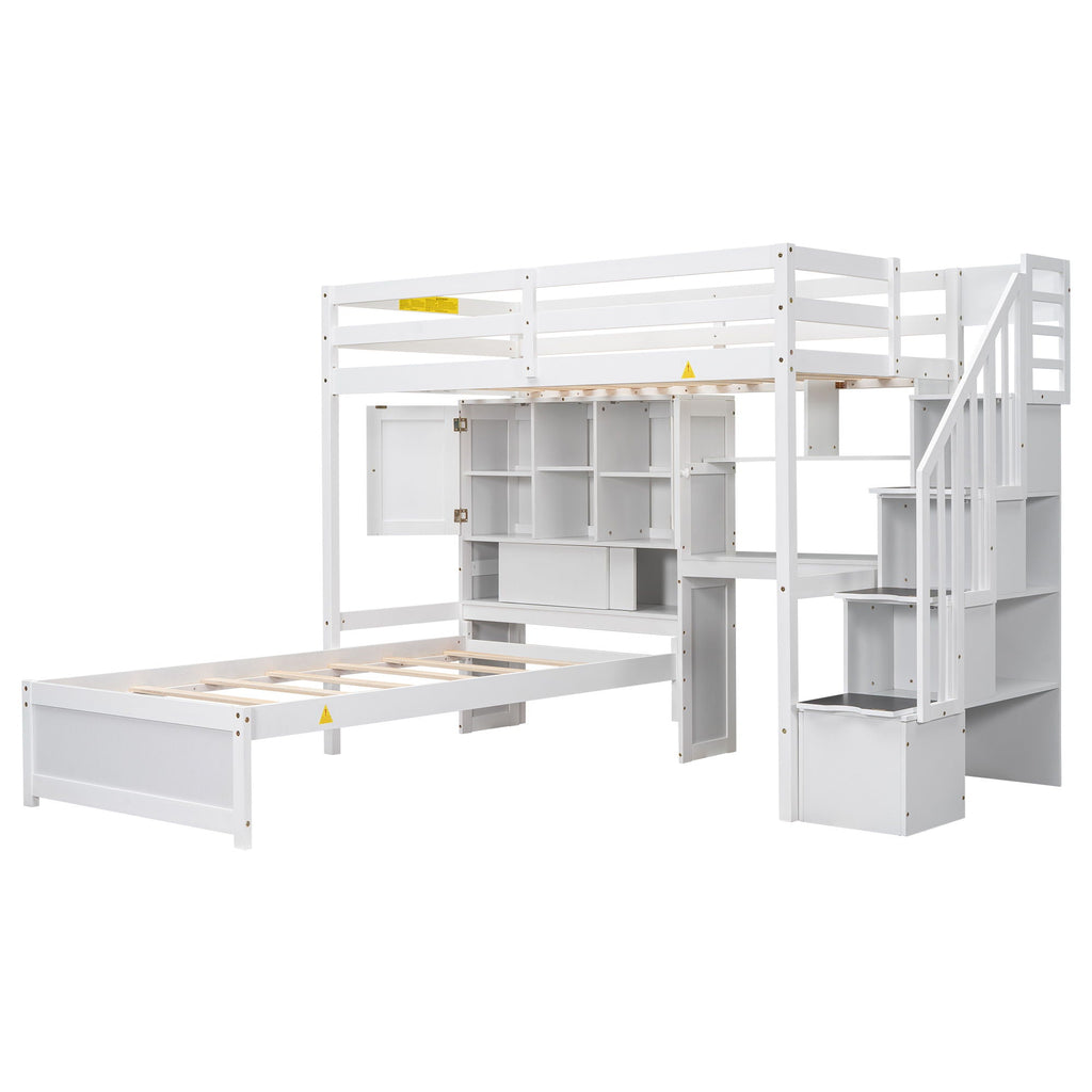 Twin Over Twin Loft Bed with Built-In Desk and Staircase - White or Light Brown