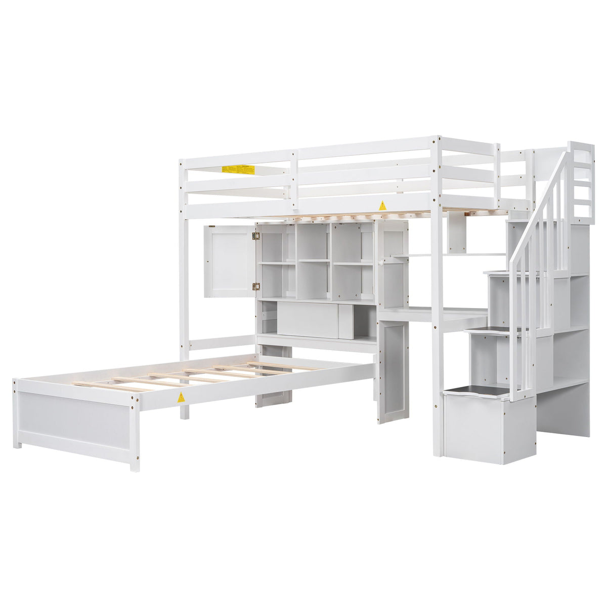 Twin Over Twin Loft Bed with Built-In Desk and Staircase - White or Light Brown