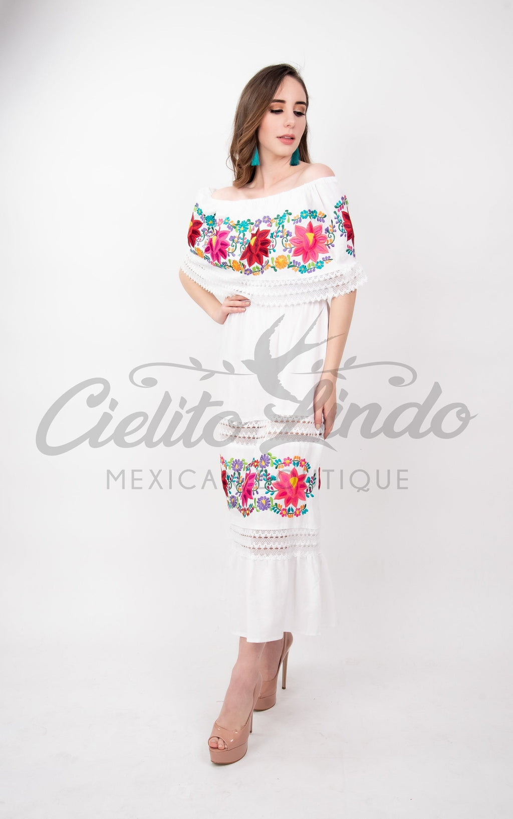 Mexican Luxury Fino Campesino Maxi Dress White