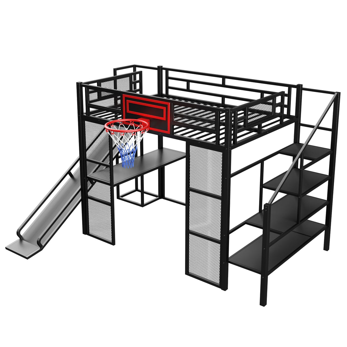 Full Loft Bed with Built-In Desk, Slide & Storage - Black or White