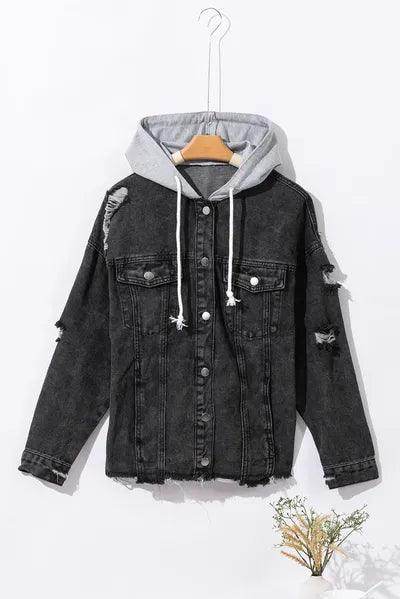 Distressed Drawstring Long Sleeve Hooded Denim Jacket for Women