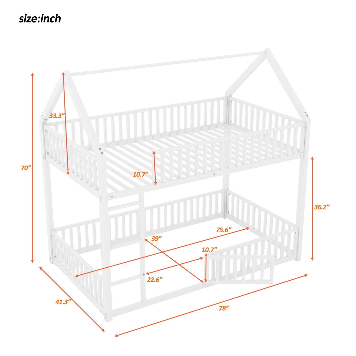 Metal House Bunk Bed with Fence and Door - Twin over Twin