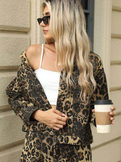 Pocketed Leopard Long Sleeve Denim Jacket for Women