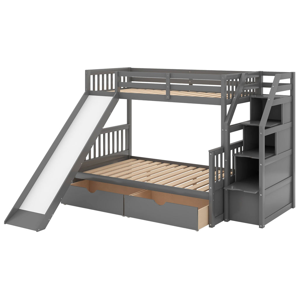 Bunk Bed with Storage Staircase, Slide & Desk - Twin or Full - Dark Gray or White