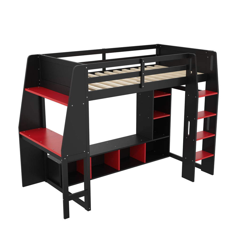 Gaming Loft Bed with Desk and Storage Shelves – LED Lighting – Black or Dark Gray