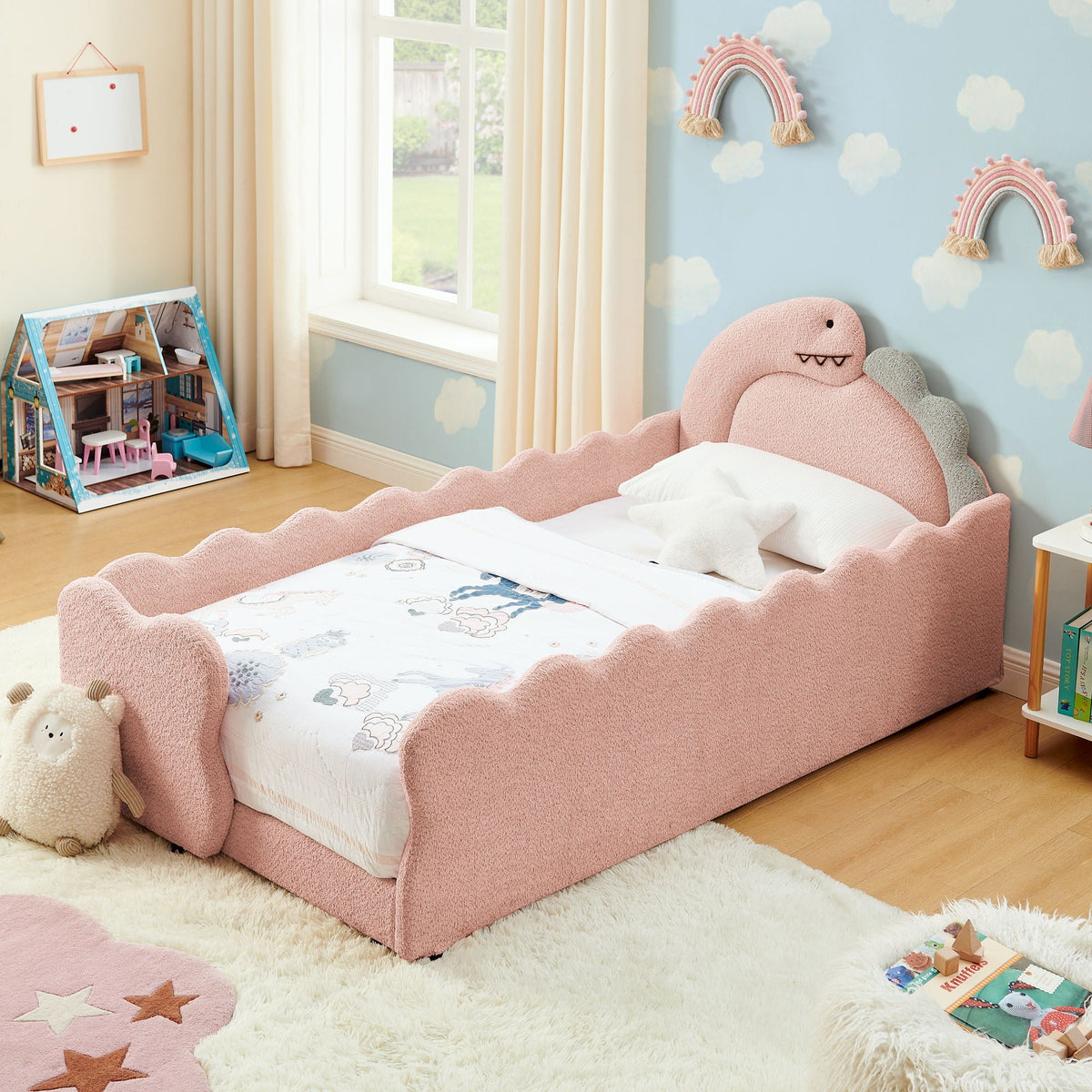 Dinosaur Shaped Toddler Bed with Safety Guardrail - Twin Upholstered Bed