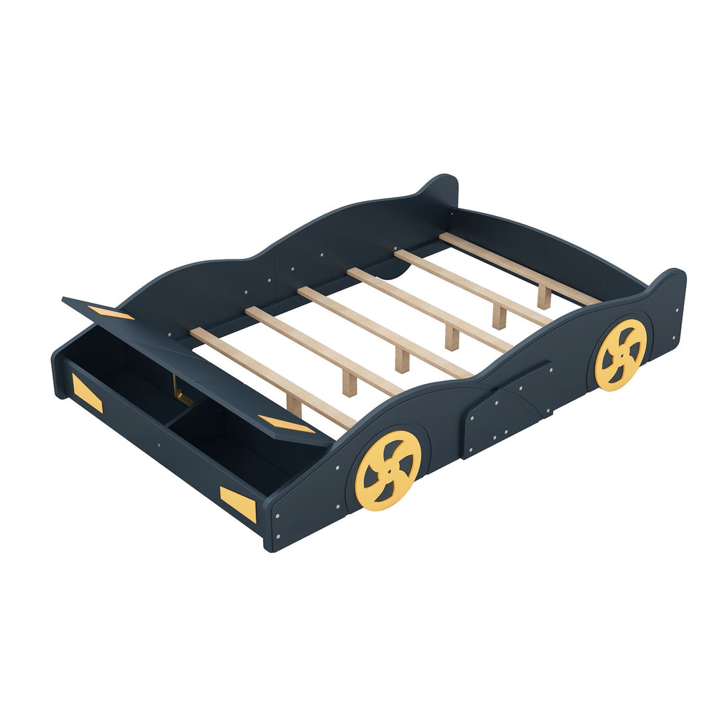 Race Car Platform Bed with Storage and Wheels - Black or Blue