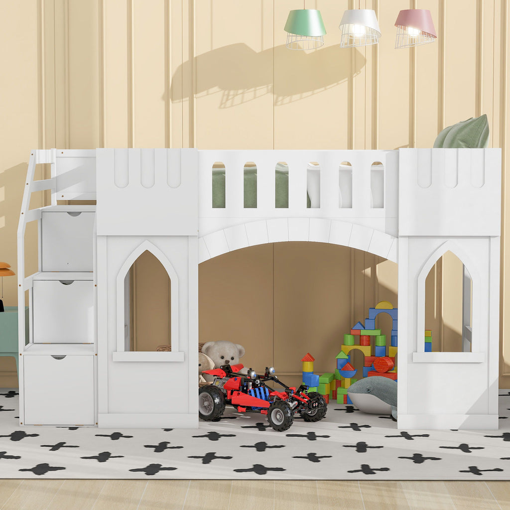 Loft Bed With Storage Staircase and Windows - Twin Size